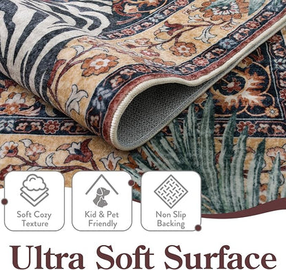 Moynesa Tiger Washable Area Rugs for Living Room, 5x7 Vintage Soft Rug for Bedroom, Non Slip Boho Ultra Thin Large Stain Resistant Throw Rug for Dining Guest Room, Puce Red