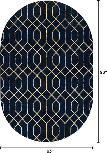 Unique Loom Glam Collection Area Rug - Trellis (5' 3' x 8' Oval, Navy Blue Gold/ Gold)