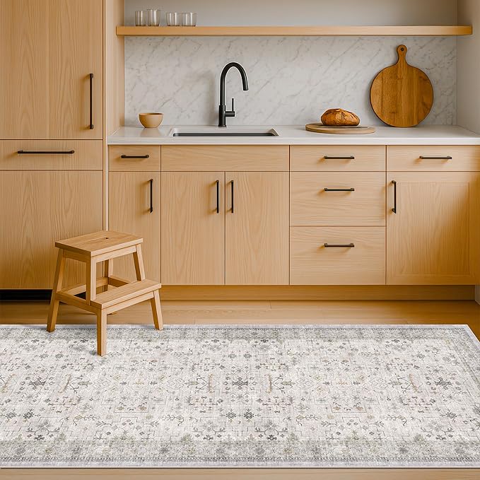 Non Slip Hallway Runner Rug - 2 x 10 Runner Rug, Washable & Waterproof 2x10 Kitchen Floor Mat - Extra Long Light Gray Neutral Farmhouse Boho Design Décor