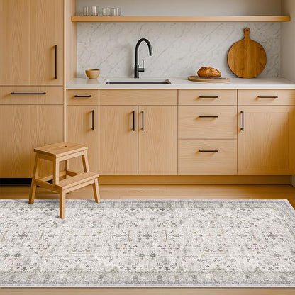 Light Grey 2x7 Boho Bathroom Runner Rug - Modern Vintage Eclectic Floral Pastel Neutral Taupe, Washable Low Pile Non-Slip Runner Rugs for Hallway, Kitchen, Door Mat Indoor Entrance, Bedroom Beside Bed