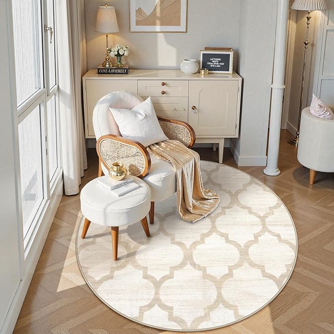 Lahome Moroccan Round Rugs - 4x4 Washable Non-Slip Small Round Area Rug Throw Soft Circle Rugs for Bedroom, Modern Print Indoor Round Carpet for Entryway Sofa Nursery Living Room (Beige, 4Ft-Round)