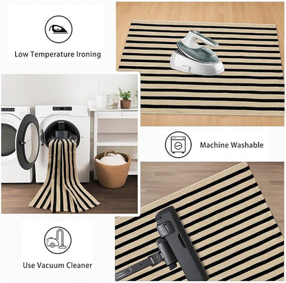 Black and Tan Striped Rugs 2.3'x3.6', Washable Front Door Rug Hand Woven Reversible Outdoor Welcome Mat, Foldable Layered Door Mats for Entryway Porch Decor Home Entrance