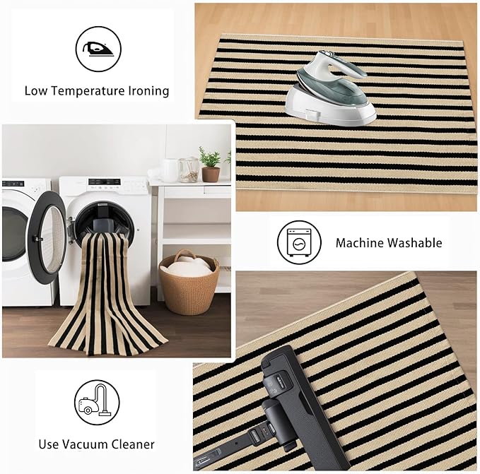 Black and Tan Outdoor Rug 24"x35", Washable Reversible Striped Front Door Mat,Cotton Hand-Woven Layered Door Mats Farmhouse Throw Rugs for Entryway Porch Decor Home Entrance