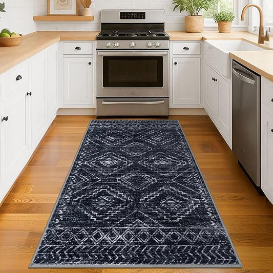 KILOCOCO Boho Entryway Rug 3x5 Area Rug Washable Non Slip Throw Rugs Soft for Kitchen Living Room Dining Bedroom Geometric Moroccan Carpet, Black/Navy