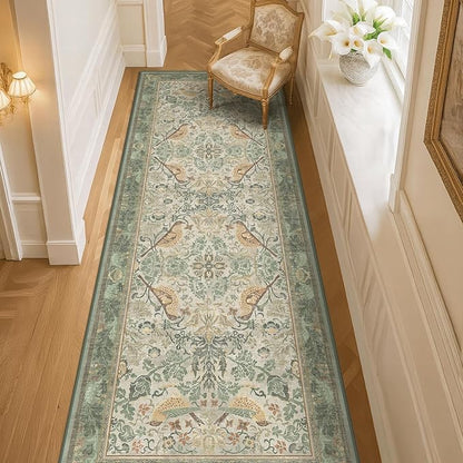 2'6"x8' Long Hallway Runner Rug - Vintage Botanical Wide Runners for Kitchen Bedroom Hall Way, Washable Non Slip with Rubber Backing, Light Green Sage Floral Décor
