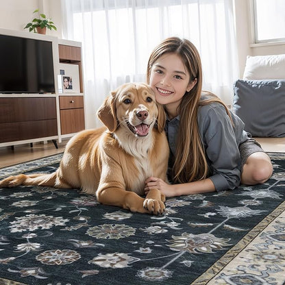Tangsoo Vintage Floral Black 2x3 Washable Rugs for Entryway, Small Area Non-Slip Vintage Rug for Front Door, Brown Accent Rug Doormat, Soft Low Pile Rugs for Indoor Entrance Kitchen