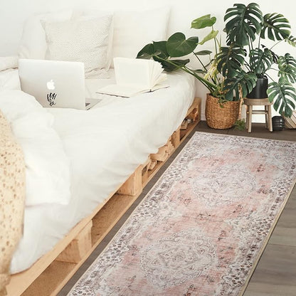 MUJOO Non Slip Boho Pink Runner Rug, Machine Washable for Hallways Entryway Kitchen Bathroom Bedside Retro Soft Low-Pile 2'x6' Blossom