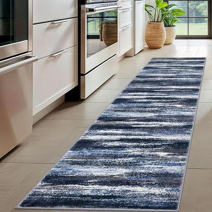 Modern Abstract Hallway Runner Rug, Navy Blue Washable Kitchen Runner Non-Slip Soft 2x8 Runner Rug Thin Print Faux Wool Carpet for Entryway Bedroom Laundry Room Indoor