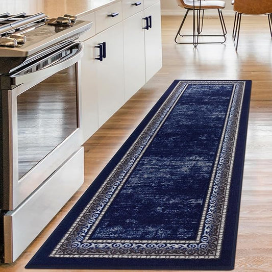 Antep Rugs Alfombras Bordered Modern 2x10 Non-Slip (Non-Skid) Low Pile Rubber Backing Indoor Area Runner Rug (Navy, 2' x 10')