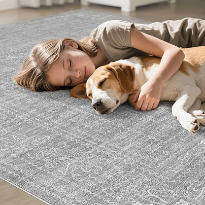 7x9 Area Rug Living Room: Washable Large Vintage Grey Rug Neutral Non-Slip Soft Stain Resistant Indoor Carpet for Bedroom Nursery Dining Room Under Table Bed Home House Office Playroom