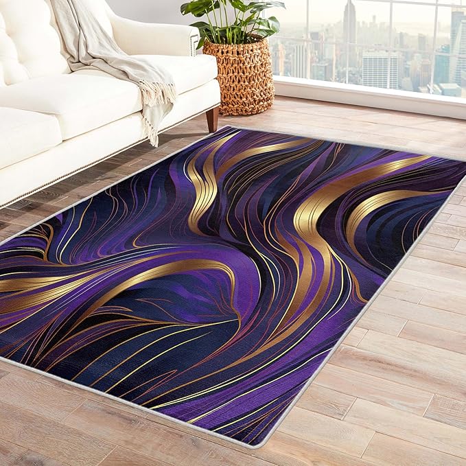 Purple and Gold Rug, 5x8 Rug, Luxury Rugs for Living Room Bedroom, Abstract Large Area Rug, Washable Rug Non Slip Soft Indoor Carpet, Purple and Gold Home & Room Decor