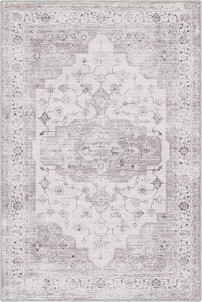 LUMI 8x10 Washable Low-Pile Area Rug for Living Room, Ultra Soft Vintage Rugs with TPE Non Slip Backing, Stain Resistant, Low Profile Carpet High Traffic for Bedroom, Dining Room