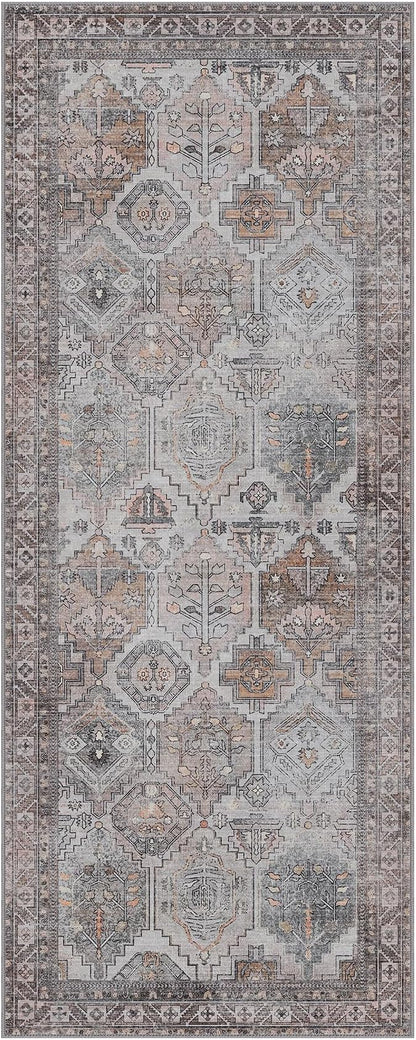 Bavni Kitchen Rug 2x5 Runner Rugs for Hallways Entryway, Washable Vintage Print Carpet, Ultra-Thin Chenille Low Pile Lightweight Rug with Non Slip Backing, Retro Grey