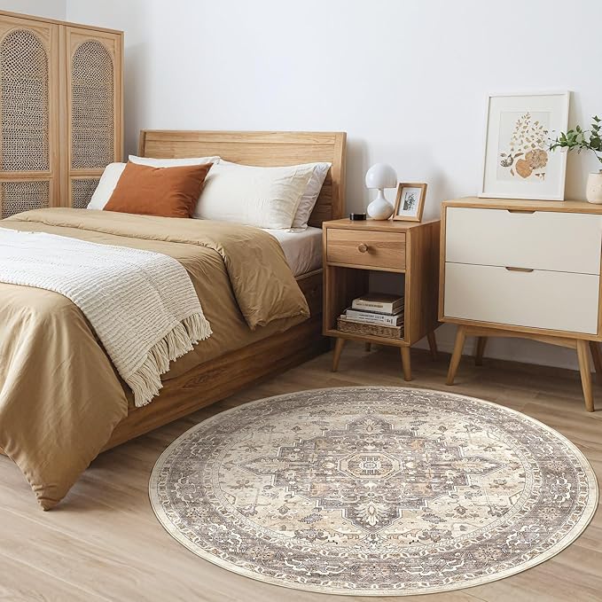 Round Rug Living Room Rugs: 6Ft Washable Boho Neutral Large Circle Soft Indoor Floral Stain Resistant Floor Farmhouse Carpet for Bedroom Nursery Kids Playroom Office Dining Room Dorm Home- Beige Brown