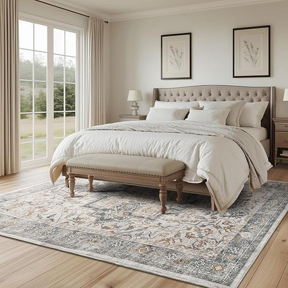 Farmhouse Distressed 8x10 Rugs for Living Room Bedroom, Washable Non Slip Vintage Dining Room Rugs for Under Table, Low Pile Thin Soft Carpet Medallion Pattern Printed Boho, Grey/Orange-Brown