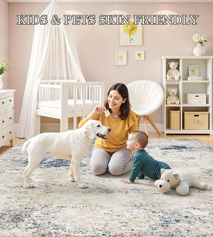 5x7 Washable Area Rugs - Modern Abstract Rugs for Living Room Non-Slip Low Pile Soft Machine Washable Carpet for Bedroom, Dining Room, Nursery, Home Office, Farmhouse (5'x7' Beige Blue)