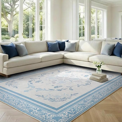 SOULFUL Medium Pile 4x6 Rugs for Living Room - Cozy Soft Underfoot Area Rug - Mist Blue Boho Floral - Washable Non-Slip - Perfect for Bedroom Kids Room Under Dining Table Office