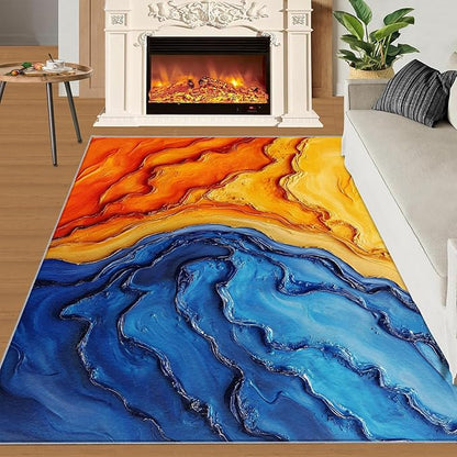 Navy Blue Rugs for Bedroom - 5x8 Area Rug - Abstract Blue Orange Rugs for Living Room, Modern Simple Art Rug, Washable Home Decor Carpet
