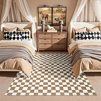 jinchan 5x7 Brown Checkered Area Rugs for Kids Room - Machine Washable Rug Modern Neutral Geometric Lattice Soft Non-Slip Carpet for Nursery Playroom Classroom Living Room Bedroom Home Office