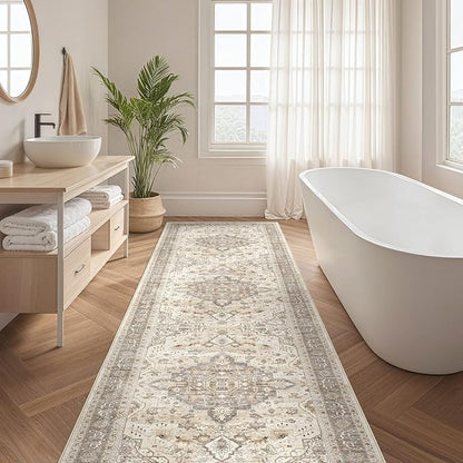 Runner Rug Kitchen Washable Rugs: 3x10 Non-Slip Boho Soft Vintage Stain Resistant Indoor Floor Neutral Farmhouse Throw Carpet for Hallway Bathroom Laundry Room Entryway Bedroom- Brown