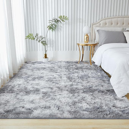 Andency Area Rugs 9x12 for Living Room Home Decor, Large Shaggy Bedroom Carpet, Non-Slip Big Shag Indoor Thick Soft Fluffy Furry Fur Area Rugs for Kids Dorm Nursery Aesthetic, Tie-Dyed Light Grey