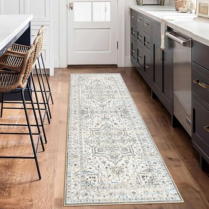 Enkor Runner Rugs for Hallway, 2x6 Washable Soft Non Slip Floor Rugs for Kitchen, Modern Mat for Living Room Bedroom Entryway White & Grey