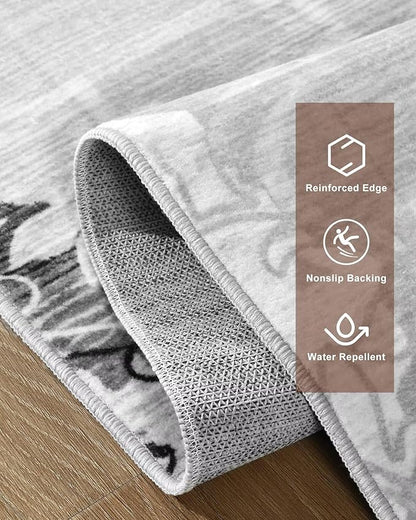 Washable Abstract Rug, 5x7 Classic Grey and White Floral Area Rugs with Non-Slip Rubber Backed for Bedroom, Low Pile Modern Throw Carpet Kitchen Living Room Decor