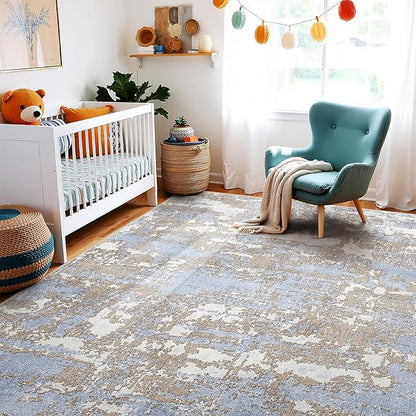 WITSHOCK 8x10 Area Rugs for Living Room: Washable Abstract Large Rug for Dining Room Bedroom Carpet Non Slip 8 by 10 Indoor Modern Nursery Home Office Blue Brown