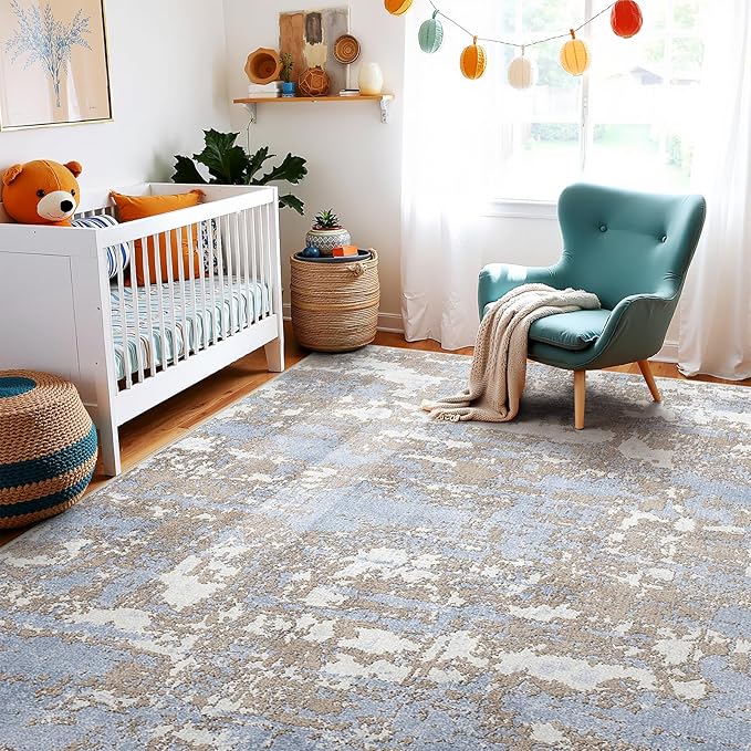 WITSHOCK Abstract 9x12 Rugsfor Living Room: Blue Brown Rugs for Bedroom Aesthetic, Dining Room Under Kitchen Table, Washable Soft Non Slip Large Area Eclectic Unique Décor
