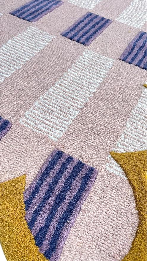 Hand-Tufted Wool Rug with Scalloped Edges, Light Blue Plaid Pattern, Cozy Soft Area Rug for Living Room, Bedroom, and Nursery, Handmade Modern Accent Rug (Pink, 12X18 FEET)