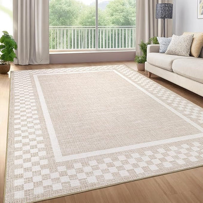 Small Bedroom Area Rug 3x5 Checkered Area Rug for Living Room Nursery Non Slip Kitchen Throw Carpet Low Pile Modern Bordered Rugs Washable Bathroom Mat Soft Brown Rugs for Laundry Entryway, Beige