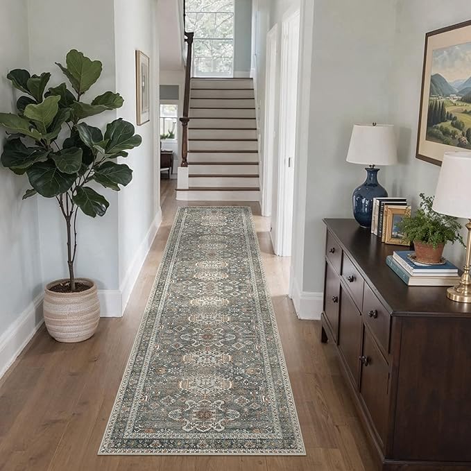 Bavni Washable Runners for Hallways 2X10, Ultra-Thin Non Slip Long Runner Rug, Print Vintage Aesthetic Carpet Runner, Low Pile Rugs for Kitchen Porch Bedroom, Grey