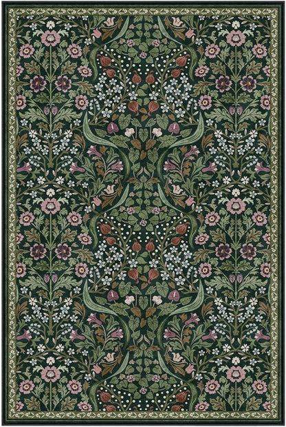 Lahome Floral Living Room Rug, 6x9 Soft Washable Rugs for Bedroom, Thin Green Area Rug for Dining Room, Non Shedding Print Carpet for Guestroom