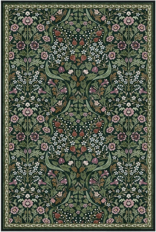 Lahome Floral Living Room Rug, 6x9 Soft Washable Rugs for Bedroom, Thin Green Area Rug for Dining Room, Non Shedding Print Carpet for Guestroom