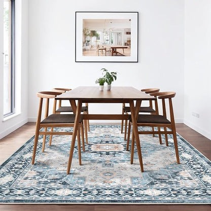 Washable 6×9 Area Rug for Living Room, Vintage Floral Rug Soft Non Slip Stain Resistant Boho Carpet for Indoor Bedroom Dinning Room Home Office Blue/Ivory