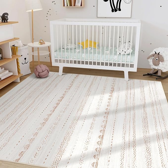 Nakagishi Area Rug Living Room Rugs: 4x6 Soft Machine Washable Boho Neutral Farmhouse Stain Resistant Moroccan Indoor Floor Carpet for Bedroom Nursery Kids Entryway Kitchen Entry Bedside Home- Brown