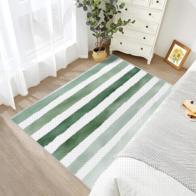 6x8 Rug Non Silp - Striped Rugs for Living Room, Green and White Stripe Minimalist Watercolor Low Pile Machine Washable Area Rugs for Bedroom, Striped Carpet House Decor & Gifts
