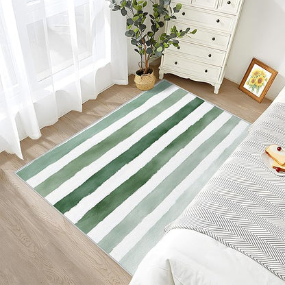 Striped Large Rug - 7x9 Area Rug - Green and White Stripe Minimalist Watercolor Rugs for Living Room Non Slip Low Pile Machine Washable Dining Room Rugs, Striped Carpet Home Decor & Gifts