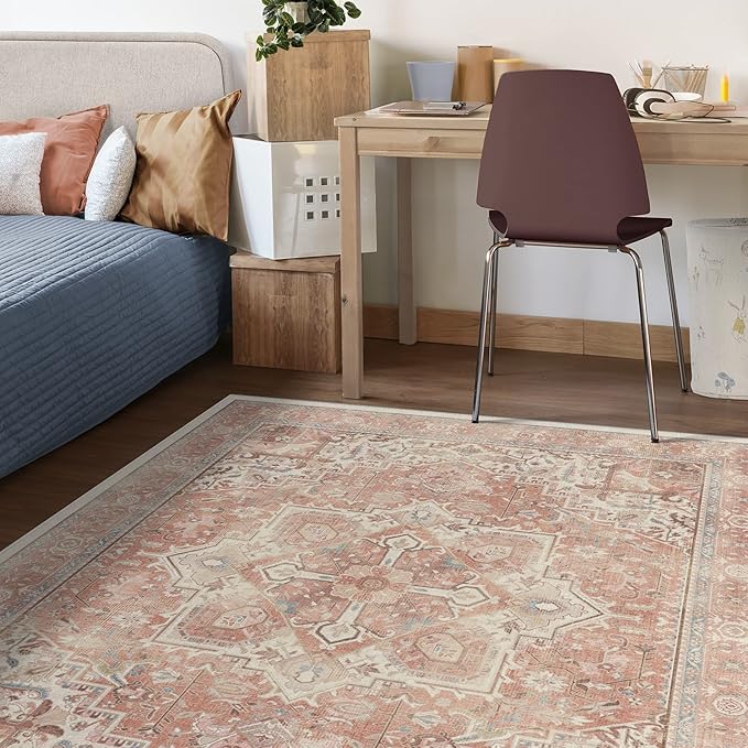 RUGGABLE Washable Area Rug – Kamran Rose Pink 5x7, Stain-Resistant, Non-Slip – Medium Machine Washable Rugs for Living Room, Bedroom, Hallway, Entryway & Office–with Standard Pad