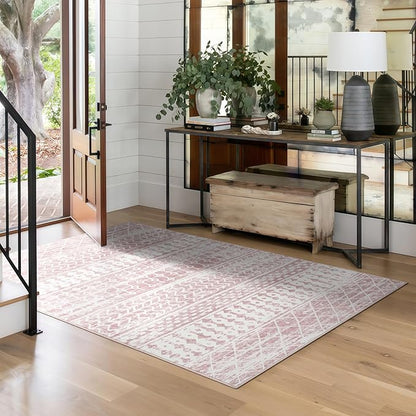 4x6 Machine Washable Area Rug for Living Room, Pink Vintage Moroccan Rug Large Non-Slip Low Pile Soft Faux Wool Carpet, Kids and Pets Friendly for Bedroom Dining Room Farmhouse Home Decor Rug