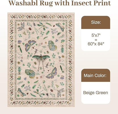 5x7 Washable Area Rug with Insect Print - Bug Rug Non-Shedding Stain Resistant Soft Carpet for Bedroom, Low Pile Ultra-Thin Machine Washable Carpet for Dining Room, Kids Nursery, Office (5'x7' Beige)