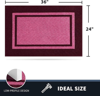 PURRUGS Dirt Trapping Door Mat 24" x 36", Non-Slip/Skid Machine Washable Entryway Rug, Shoes Scraper, Area Rug, Super Absorbent Welcome Mat for Muddy Wet Shoes and Paws, Pink & Burgundy Red