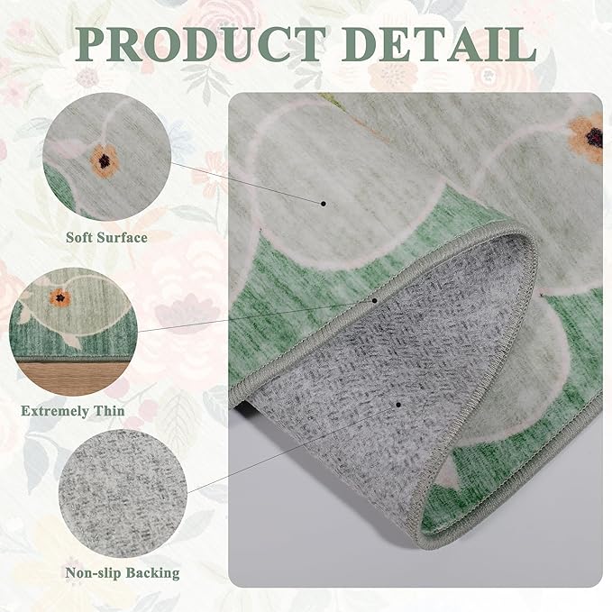 DUKINO 3x4 Area Rug, Lightweight Non Slip Washable Floral Rug, Indoor Low Pile & Non-Shedding Boho Design Carpets for Bedroom, Kitchen, Dining Room, Green