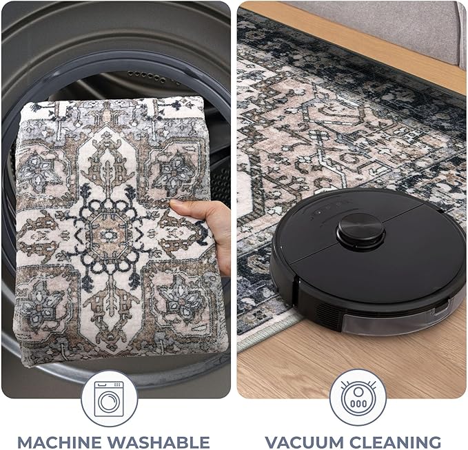 KOZYFLY Area Rug 4x6 Ft Washable Rugs for Entryway Non Slip Faux Wool Printed Throw Rug for Kitchen Bedroom Hallway Living Room Indoor Floor Decoration, Black/Taupe/Beige