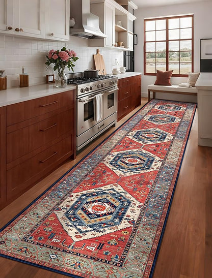 SERISSA Runner Rug for Hallways, 3x14 Washable Non Slip Kitchen Runner Rug, Extra Long Boho Rug Ultra Soft Vintage Rust Print Floor Carpet for Bedroom Hallway Entryway Bathroom Laundry Room