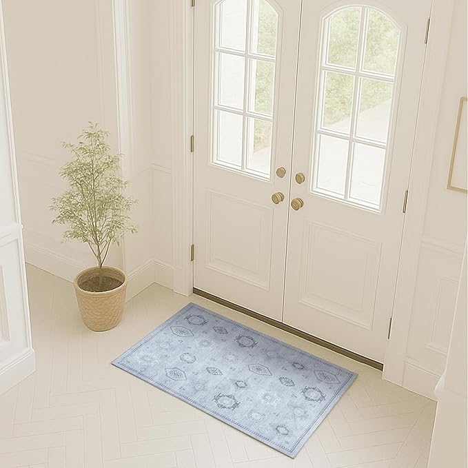 Fame Rugs Turkish Rug. Washable Vintage Oriental Antique Inspired Traditional Doormat Small Modern Area Rugs Luxury Entryway Entry Bedroom Bathroom Kitchen (394GG, 2'5 x 9'8)