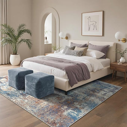5x7 Area Rugs Washable Blue Rug for Living Room Bedroom, Abstract Modern Large Rug Non Slip, Water Repellent Low Pile Soft Carpet for Dining Room, Blue Rust
