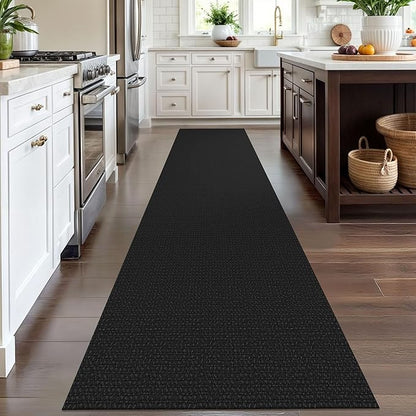 IOHOUZE Washable Runner Rug 2.6x12 Non Slip Rubber Backed Extra Long Hallway Runner Entryway Runner Indoor, Kitchen Rugs Woven Cotton Floor Carpet for Hall Entrance Stair, Black/Grey