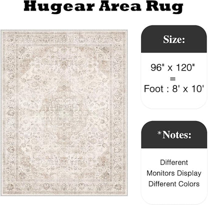 HUGEAR Area Rug 8x10 Vintage Beige Machine Washable Living Room Rugs Thin Neutral Floral Vacuumable Low Pile Carpet Bedroom Office Dining Room Laundry Room Non Slip Soft Lightweight