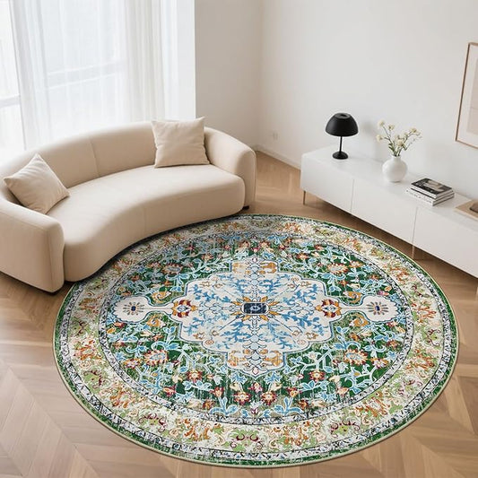 U'Artlines Boho Vintage Round Area Rug 8ft Machine Washable Low Pile Soft Floor Carpet Non Slip Non Shedding Accent Rug for Living Room Bedroom Entryway Dining Room Office Green